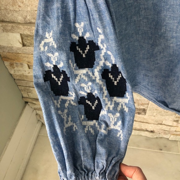 Zara Basics v neck boxy top balloon sleeves in linen cotton chambray size Small - Picture 5 of 6